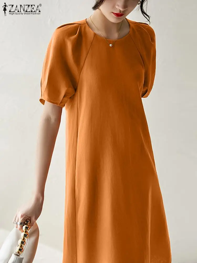 

ZANZEA Fashion Women Bandage Solid Vestidos CasualRound Neck Knee-Length Dresses Short Raglan Sleeve Robes Oversize 2023 Dress