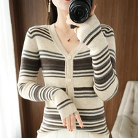 spring and autumn new worsted wool striped contrast cardigan womens short long sleeved jacket womens knitted bottoming shirt