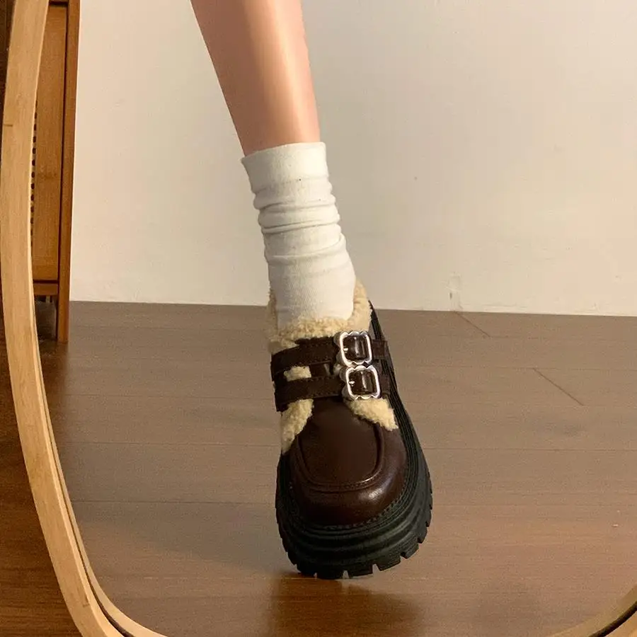 Женская обувь в стиле ретро сабо осенние лоферы на платформе с мехом оксфорды