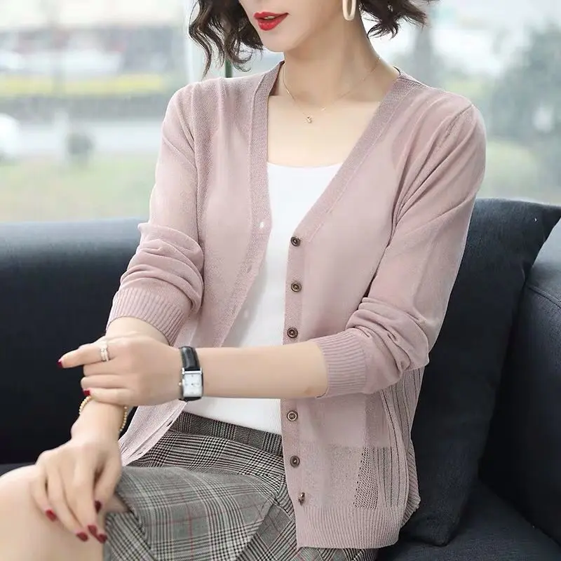 

Knitted Sweater Coat Cardigan Women Korean Short Sweater Long Sleeve V Neck Solid Air Conditioning Thin Coat Sweaters X113
