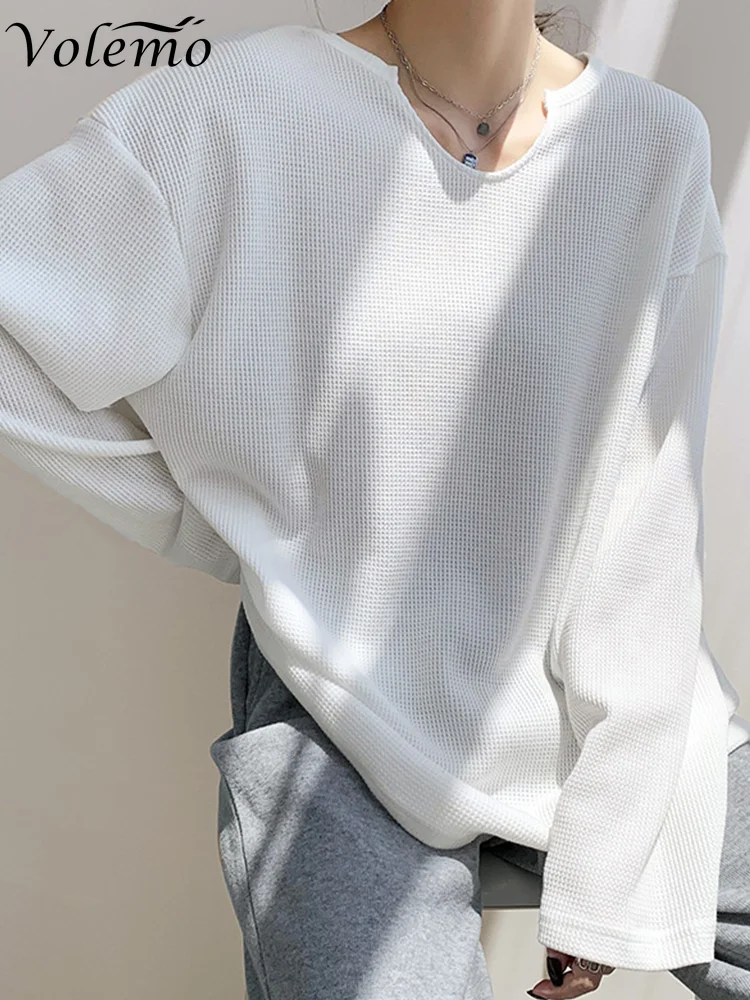 

Volemo 2023 Autumn Waffle Plaid V Neck Long Sleeve Women Tshirts Loose Oversize Fashion White Black Top Breathable Streetwear