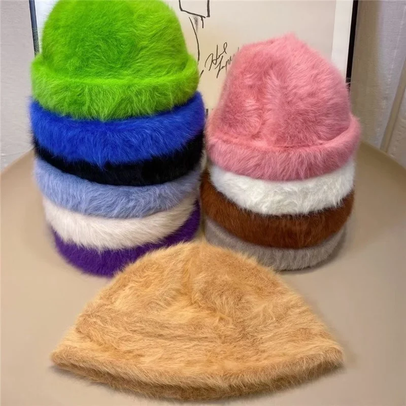 

Rabbit Fur Knitted Hats for Women Skullcap Men Beanie Hat Winter Retro Melon Cap Cuff Docker Fisherman Caps Skullies Beanies