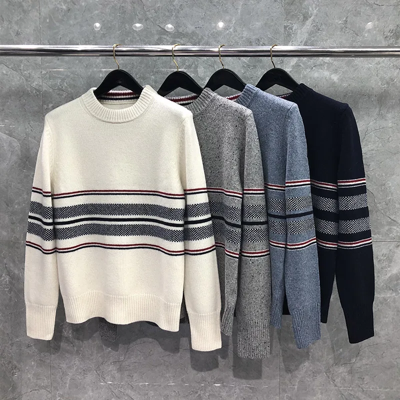 TB THOM Men's Sweater Harajuku Knitted Pullover Korean Version Of O-neck Hem Striped Top Luxury Brand Coat Women's TB Sweater