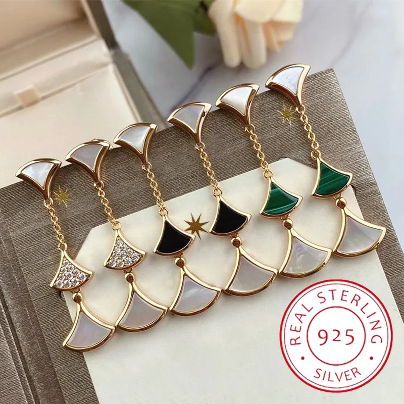 

Rose gold natural stone three-fan skirt earrings Women's temperament high-end fashion brand luxury jewelry party gift