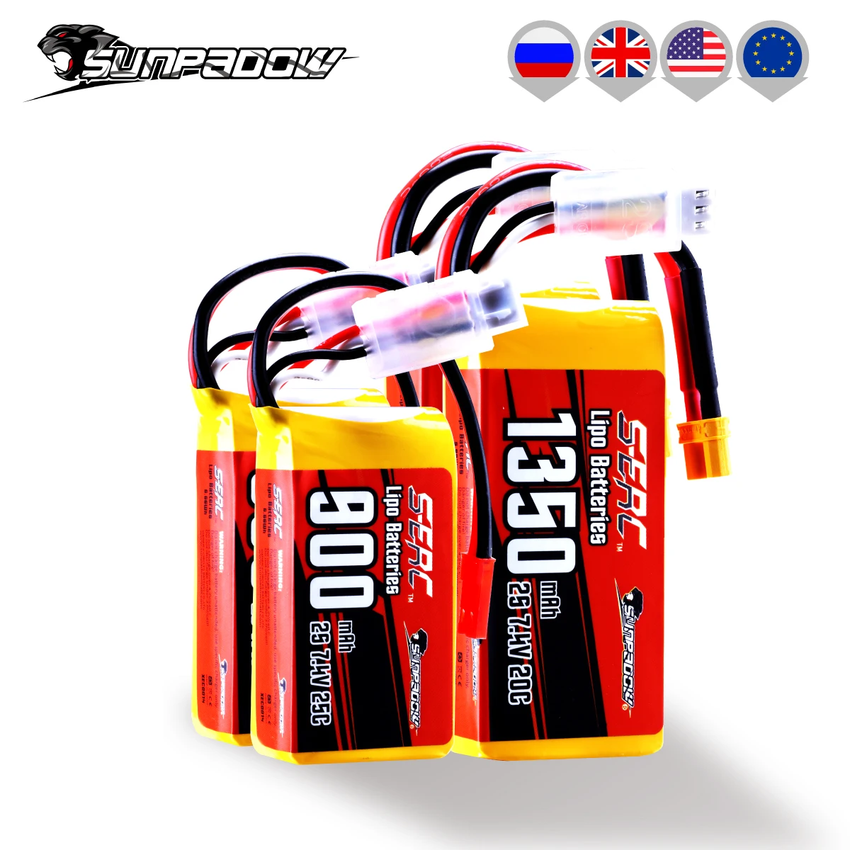 2packs Sunpadow 2S 7.4V Lipo Battery 900mAh 1350mAh 20C 25C Soft Pack with JST XT30 Plug for RC Airplane Quadcopter Helicopter
