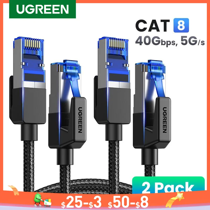 【2 Pack】UGREEN CAT8 Ethernet-кабель 40 Гбит/с 2000 МГц Сетевой хлопковый плетеный интернет-кабель Lan для ноутбуков PS 4 Router Кабель RJ45