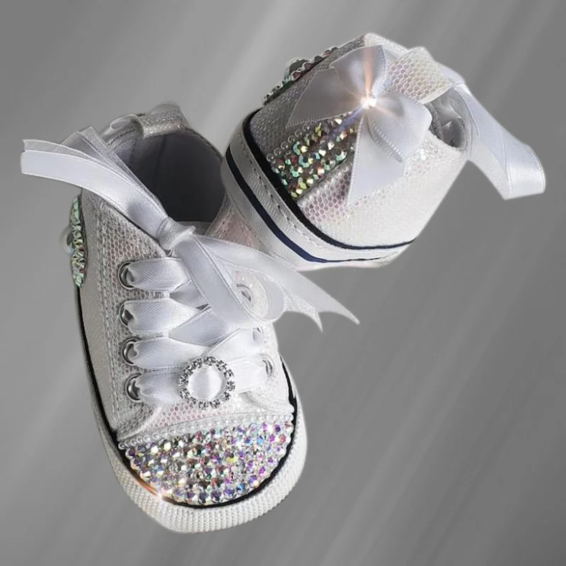 

High-top white rhinestone ribbon canvas shoes walking street shooting comfortable handmade rhinestone vulcanized shoes 35-46