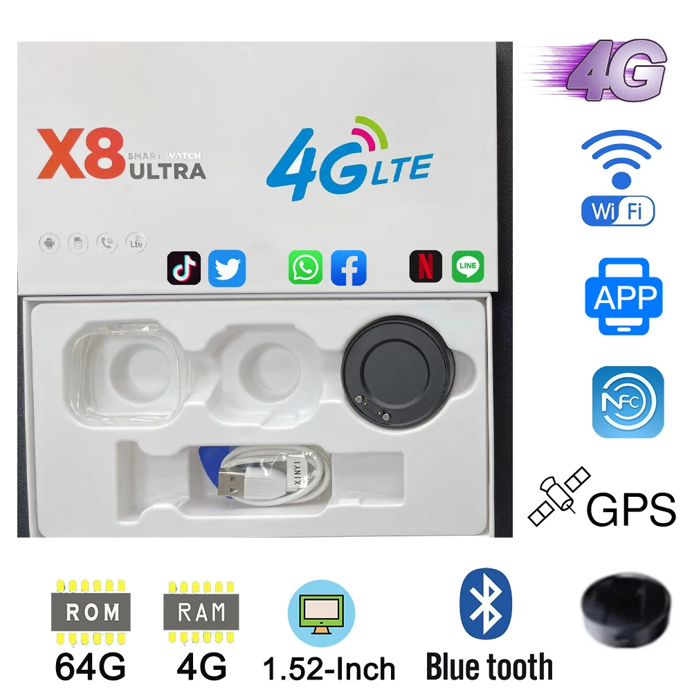 

X8 Ultra RAM 4GB ROM 64GB 2.02" Smart Watch Men 4G Call GPS Compass Wifi Heartrate Test Sport Sim Card PK S8 Smartwatch HK9 PRO