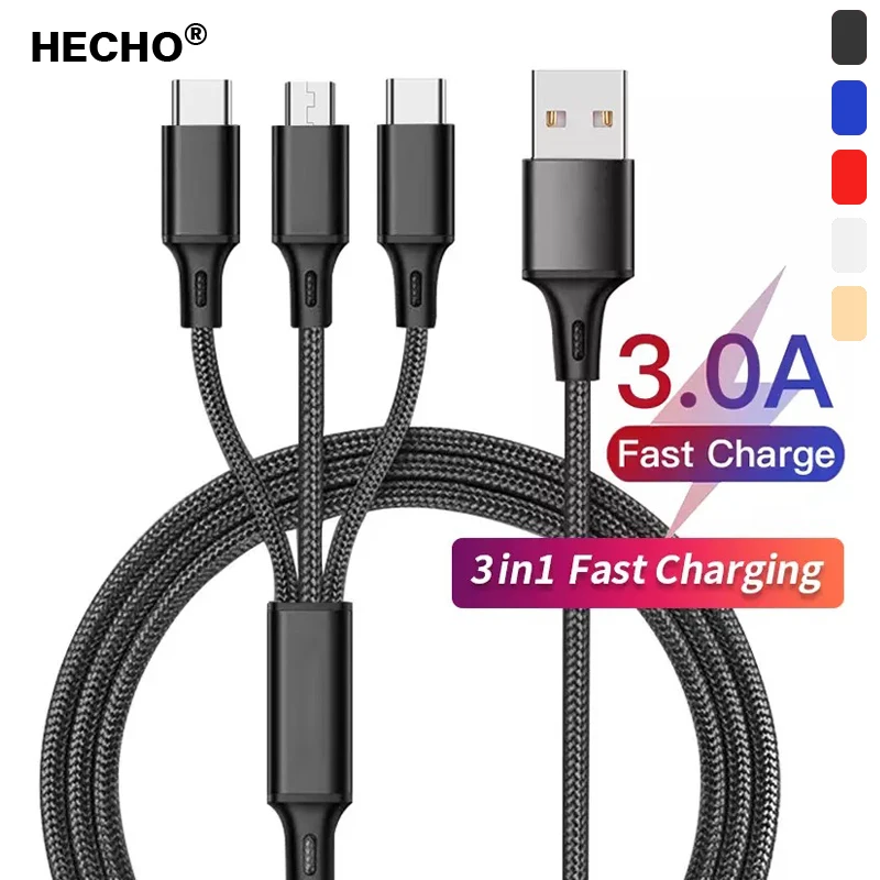 

USB-кабель зарядный 3-в-1 с портами Micro USB Type-C и Lightning