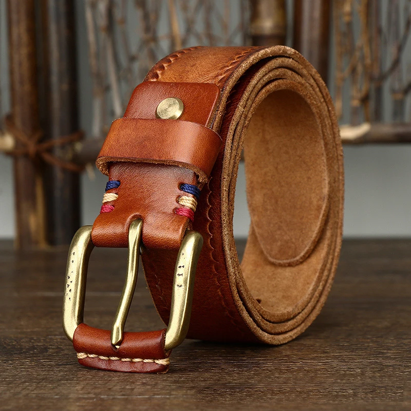 

3.8cm Width Retro Cowboy Jeans Belt Male Ceinture Vintage Brass Belt Buckle Genuine Leather Belt For Men Waist Yellow Belt