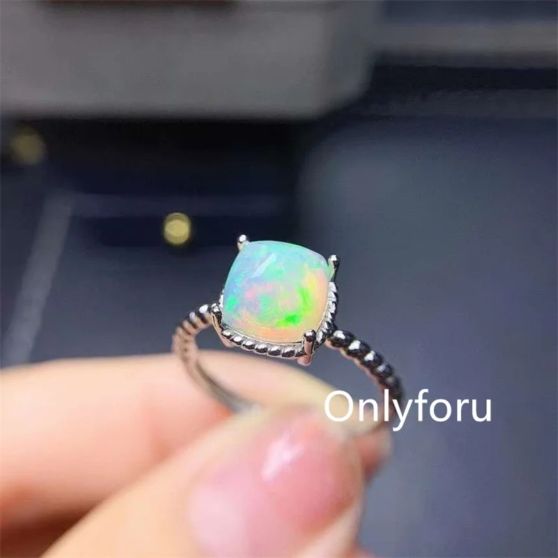 October Birthstone 100% Natural Opal Ring for Daily Wear7mm*7mm White Opal Silver Ring Gift for Mother