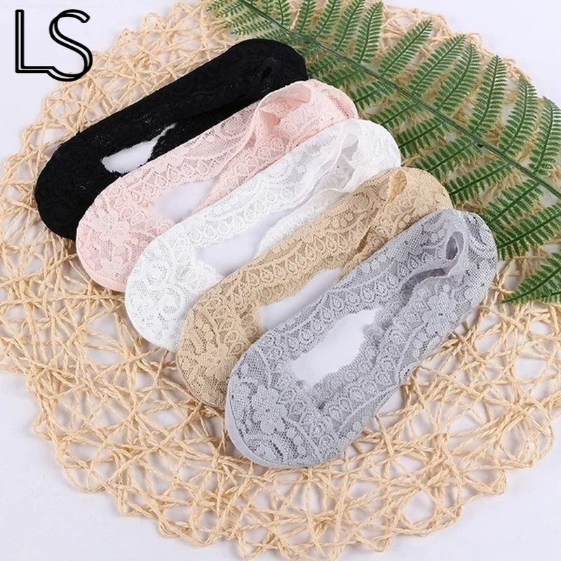 3/5/8pair/pack Women Summer girl Silica Transparent Lace Boat Socks Girls Cotton Invisible Anti-slip Socks No Slip No Show Socks