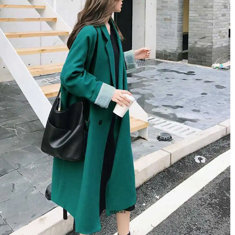 Size 6XL 150kg Spring Women Woolen Long Trench Coat Female Long Suit long sleeve Lady Trend Casual Green Black Jacket Outwear