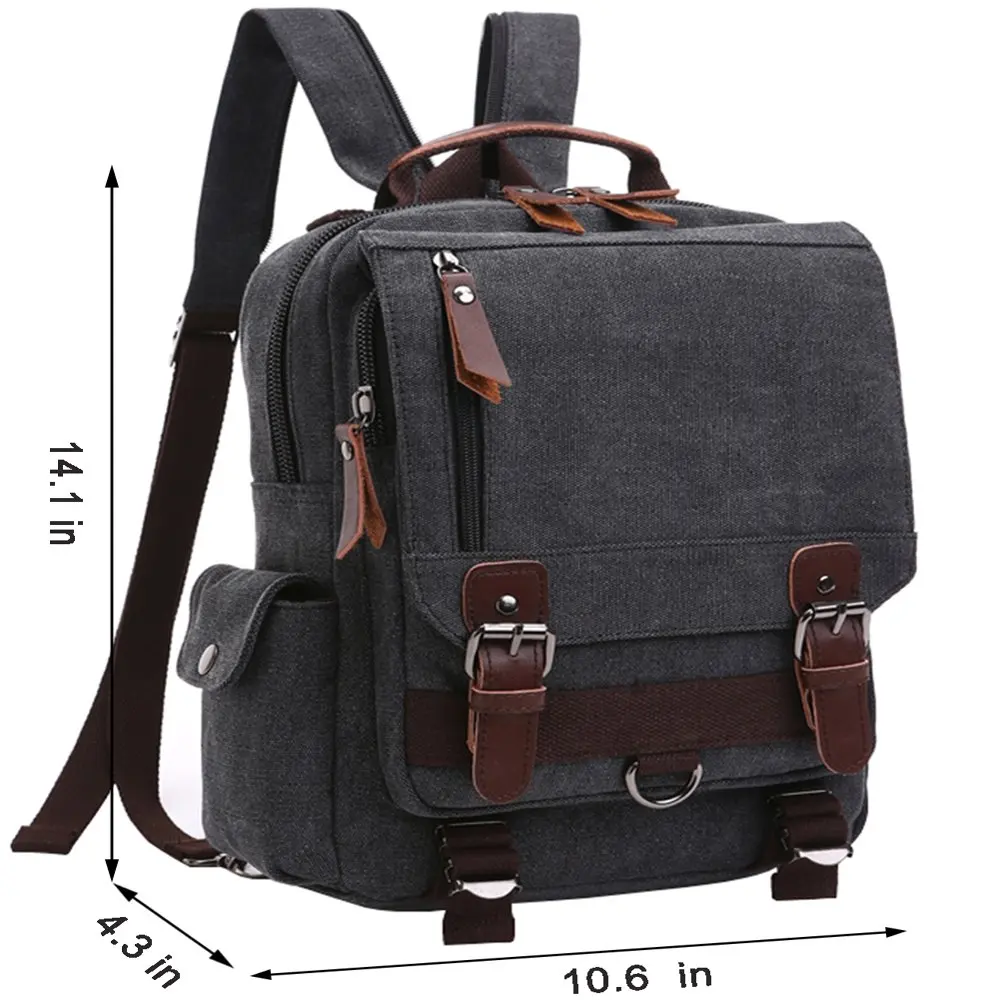 Convertible Sling Canvas Cross Body 13-inch Laptop Messenger Bag Shoulder Backpack Black with Zipper Shoulder Strap