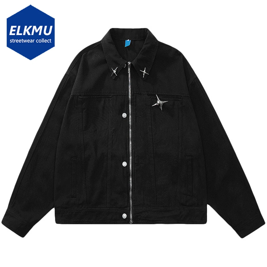 

Men's Fashion Denim Jacket Metal Star Oversized Hip Hop Jackets Y2K Black White Loose Casual Harajuku Jeans Jacket Outwear
