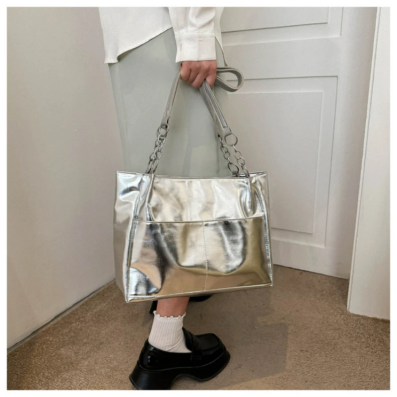 

Серебристая Светоотражающая крутая трендовая Сумка-тоут женская уличная сумка на плечо Складная Водонепроницаемая большая простая сумка для хранения