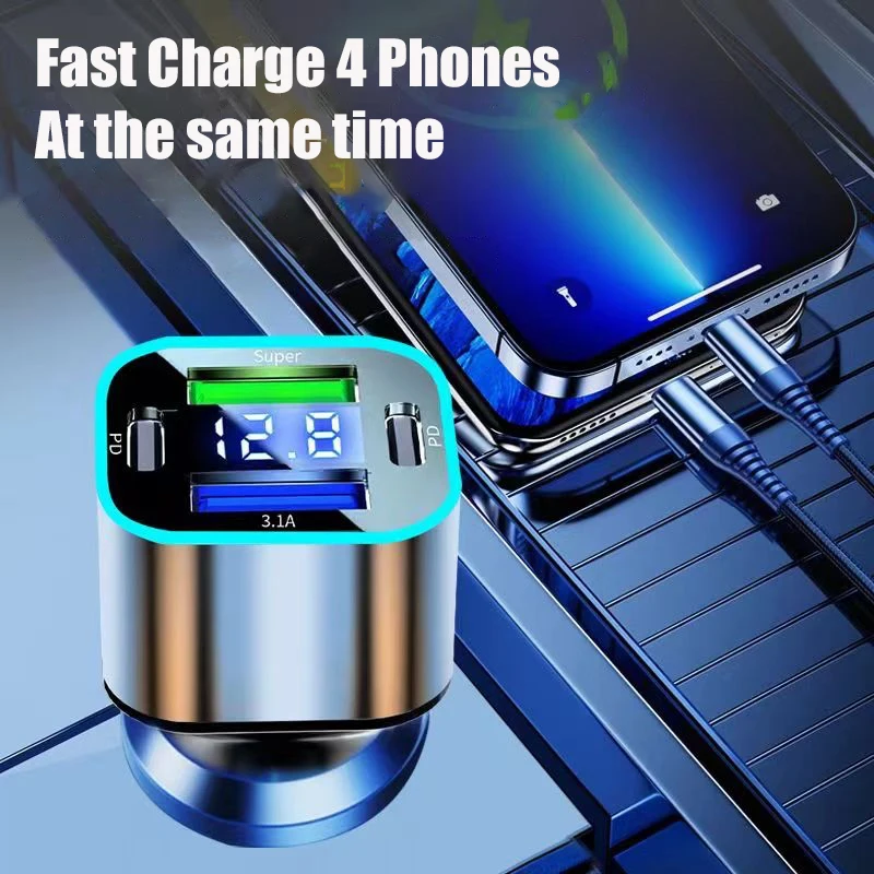 Автомобильное зарядное устройство UYUXIO 4 в 1 с двумя портами USB C и индикатором