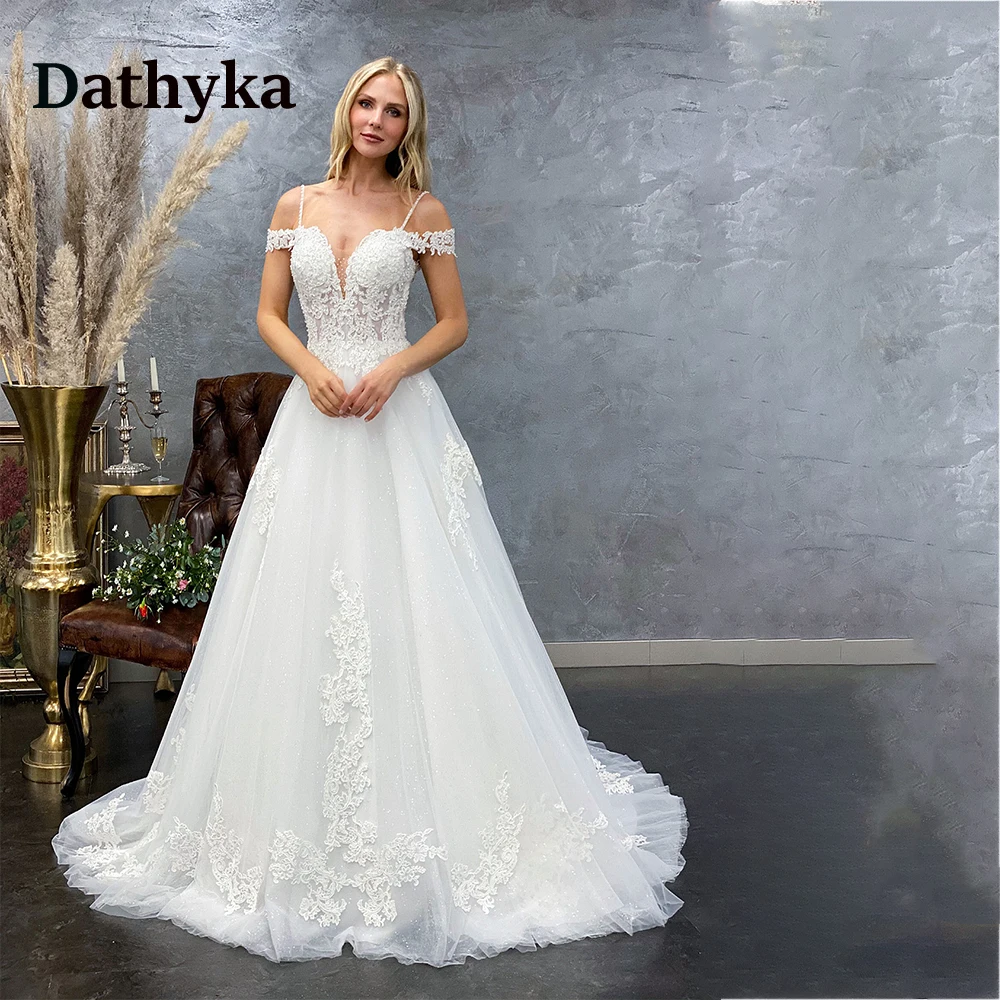 

Dathyka Gorgeous V-Neck Off The Shoulder Wedding Dresses For Women Button Fitted Lace Appliques Vestidos De Novia Made To Order