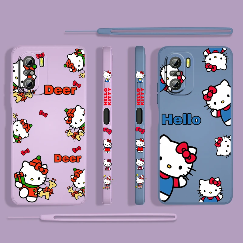 

Anime Cute Hello-Kitty Girl For Xiaomi Redmi K50 K40 K30 Gaming 10X 9 9A 9T 8 8A Pro 4G 5G TPU Liquid Left Rope Gel Phone Case