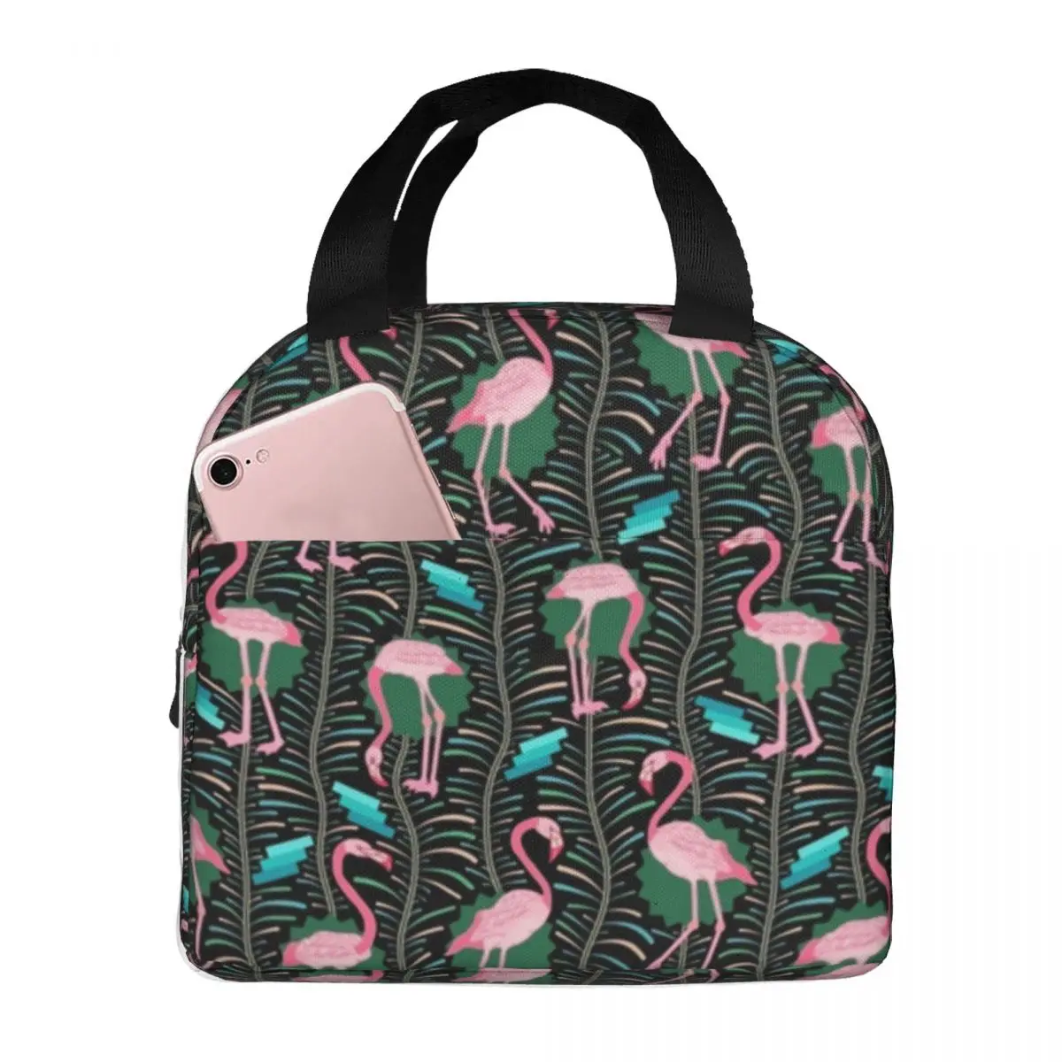 

Pink Flamingo Birds Lunch Bag with Handle Geometric Art Carry Cooler Bag Beach Cool Meal Thermal Bag