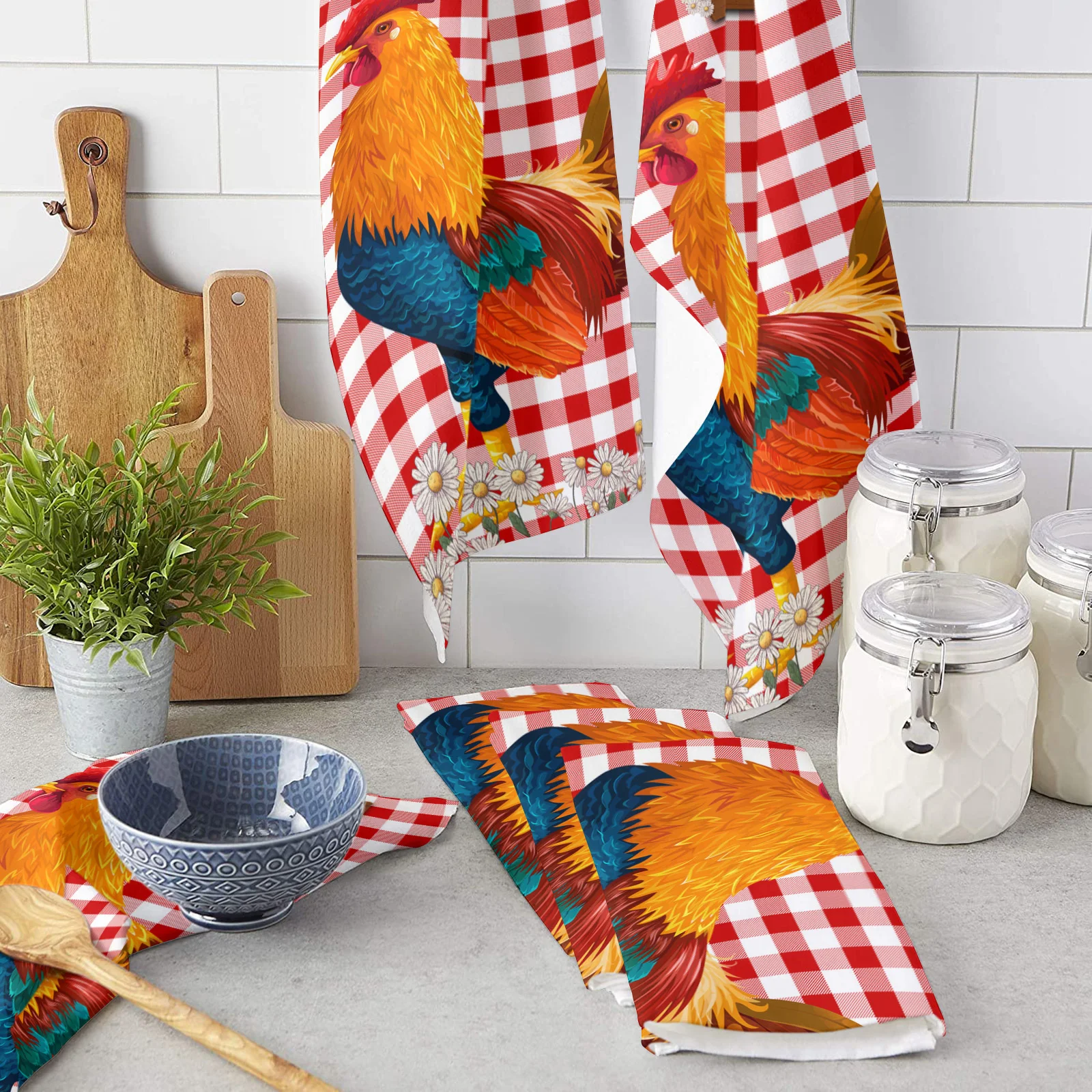 

Красное Клетчатое кухонное полотенце из микрофибры с ромашками