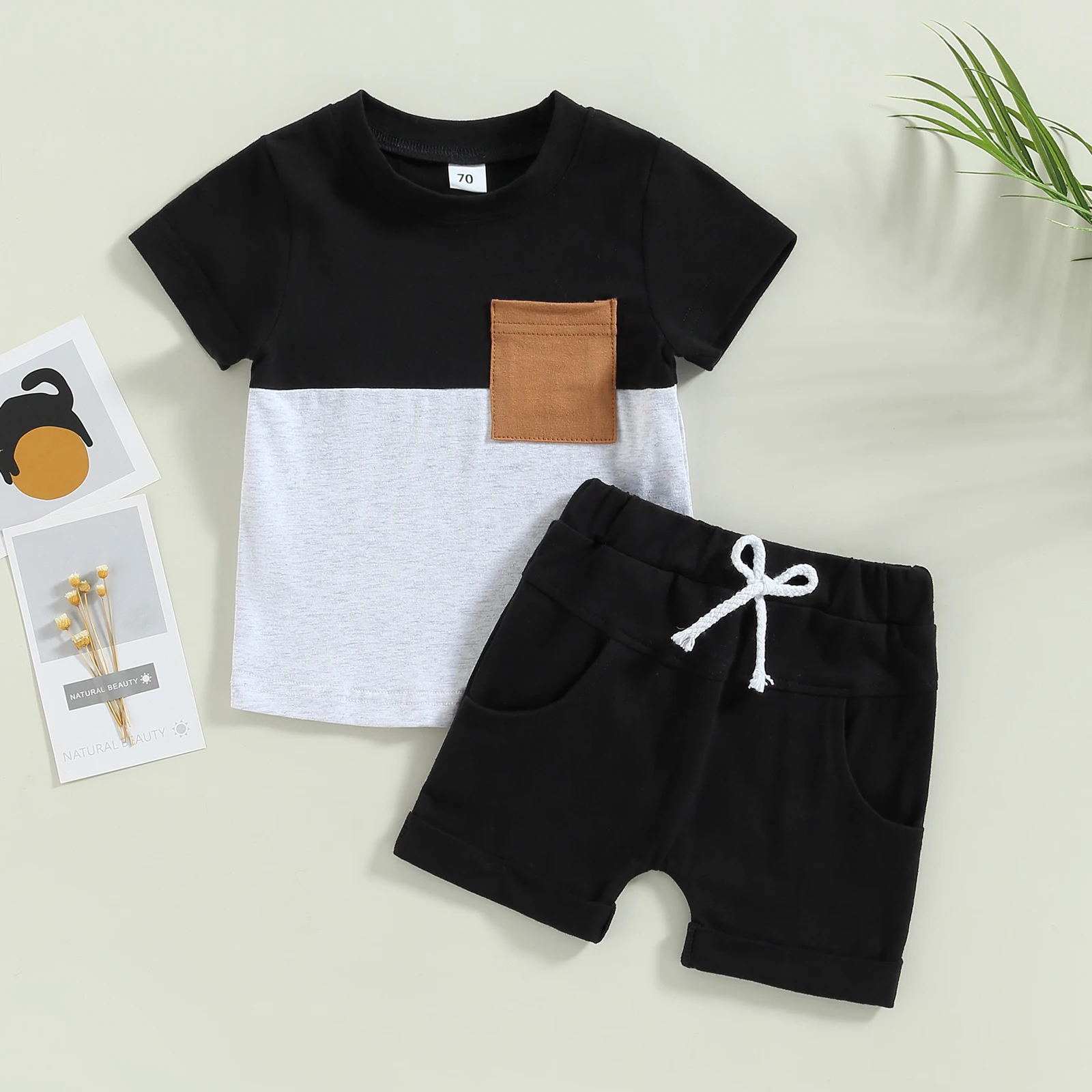 

2Pcs Toddler Boy Summer Outfits Short Sleeve Contrast Color T-Shirt Tops + Pocket Shorts Set 2023 New Children's Cothes Sets