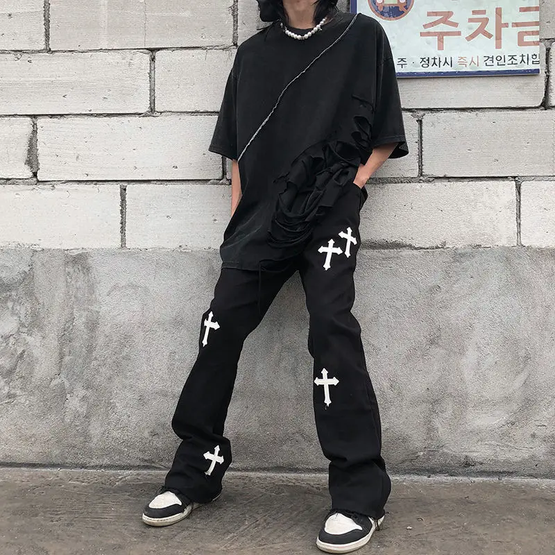 

New 2022 hiphop brand printed cross overalls casual loose retro high waist trousers streetwear gothic pants for men and women