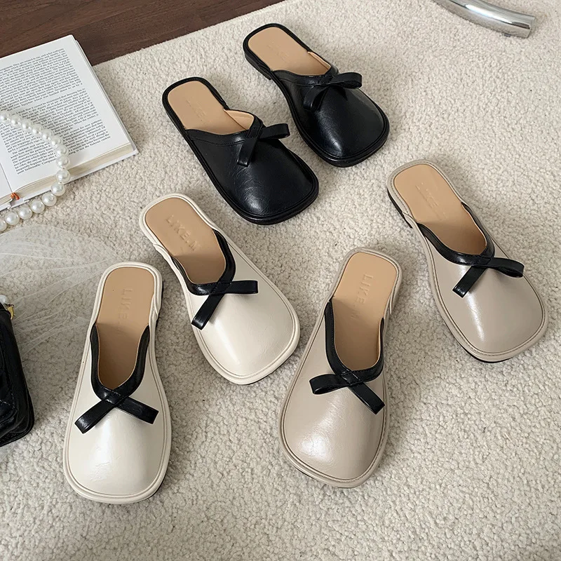 

Low Shoes Slippers Soft Butterfly-Knot Square Toe Slides Fashion Comfort Flat Cover Luxury Scandals PU Hoof Heels Butterfly-knot