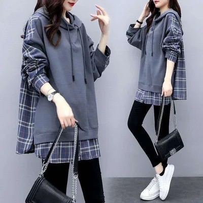 

Office Lady Knitted Spring/Autumn Oversized Hoodies Plaid Patchwork Pullovers Full Sleeve Long Sweatshirt Women Loose Casual