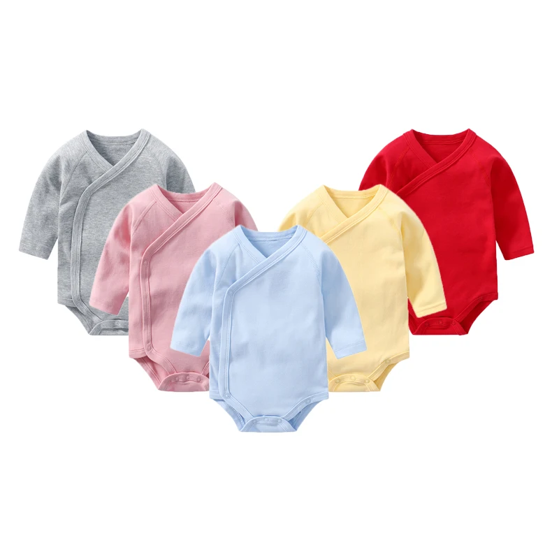 Newborn Baby Girl Romper Clothes Full Sleeve Solid Color Side Open V Neck Jumpsuit 0-12 Months Baby Boys Bodysuit