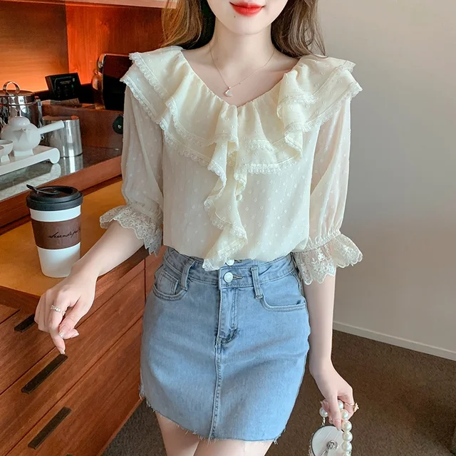 Chiffon Shirt Women's Summer Short Sleeve 2022 New V-neck Blouse Ruffled  Flared Sleeves Top - купить по выгодной цене | AliExpress