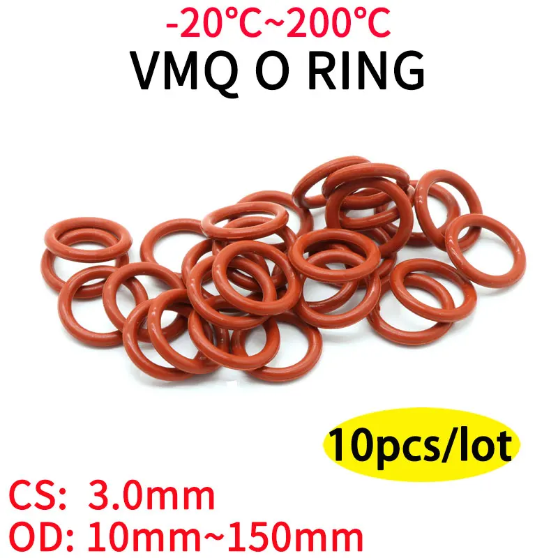

10Pcs Red VMQ Silicone O Ring CS 3mm OD 10 ~ 150mm FoodGrade Waterproof Washer Rubber Insulated Round Shape Seal Gasket