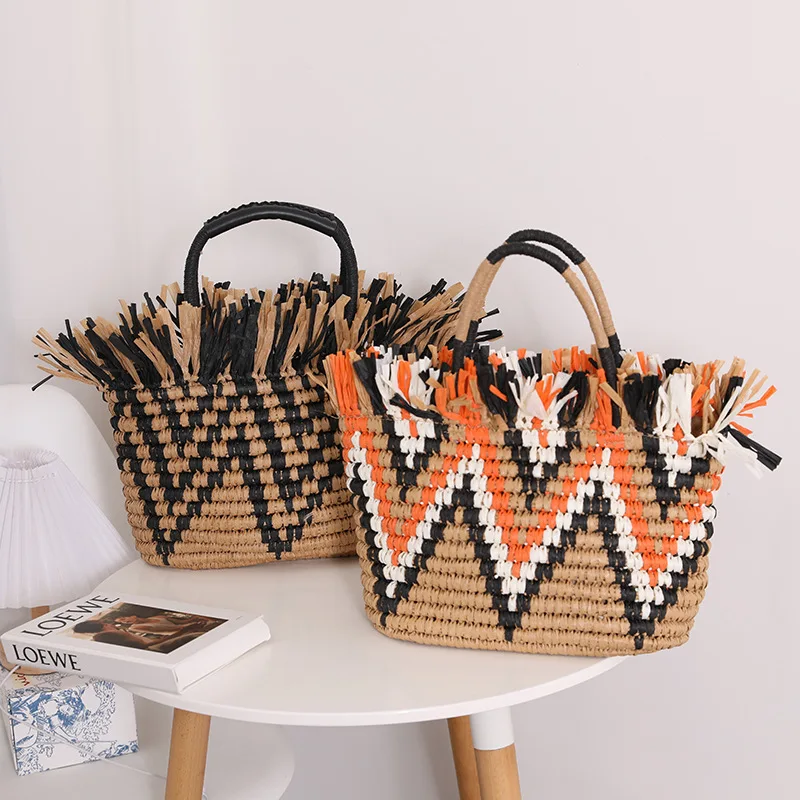 

Fashion Contrast Color Wavy Straw Bag Woman Casual Tassel Paper Weave Handbag Women's Summer Beach Vacation Tote Shopping Purse