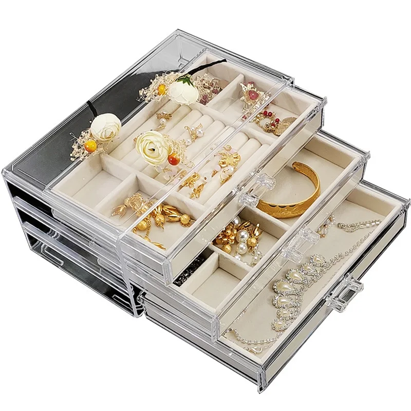 Acrylic Organizers Velvet Three-Layer Jewellery Storage Box Earring Rings Necklace Large Space Jewellery Case Holder Women Gift