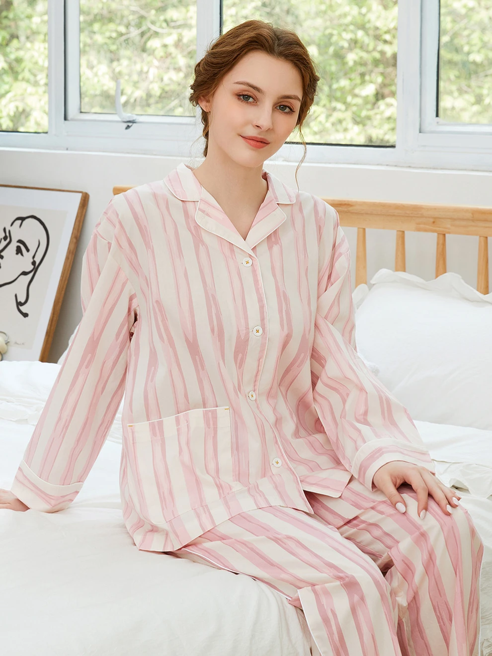 100% Cotton Pajamas for Couples, Men's and Women's Striped Long Sleeves Sleepwear, Homewear Can Be Worn Outside in Spring/Autumn
