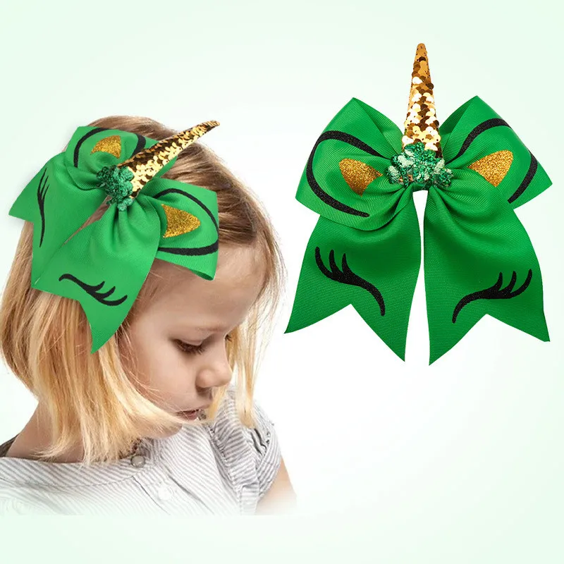 

20pcs/Lot St.Patrick's Day Hairbow For Kids 7" Green Cheer Bows with Gold Sequin Hairgrips Large Ribbon Hair bows Clips Headwear