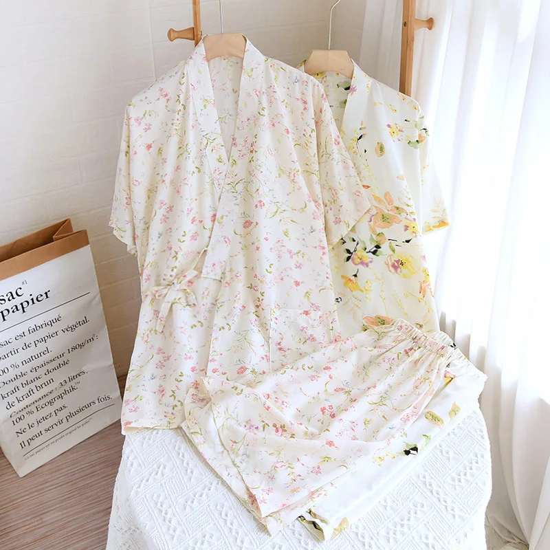 

Japanese-style kimono short-sleeved shorts summer ladies pajamas suit viscose home service pajamas flower print women's pajamas