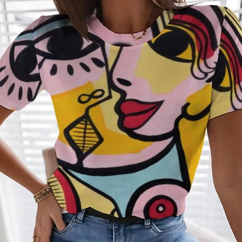 

Impressionist Graffiti Abstract Summer New 3D Printing Ladies Blouse Fashion Summer Round Neck Sexy Casual Loose Women's Clothes