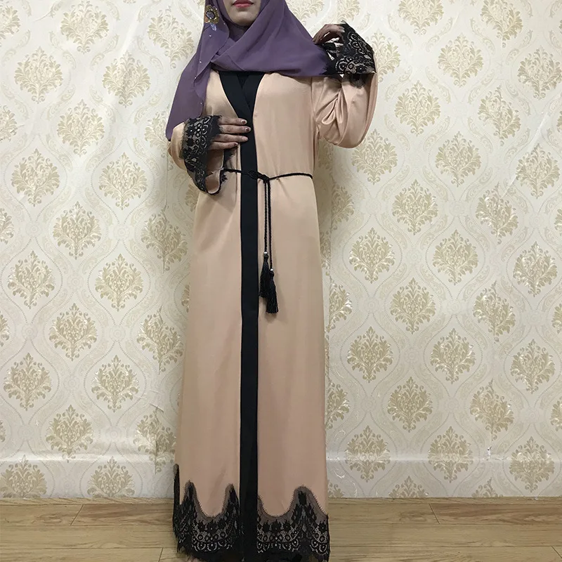 

Abayas for Women Turkish Lace Lace-up Big Swing Hijab Dress Kaftan Ramadan Open Abaya Dubai Turkey Long Robe Islamic Clothing