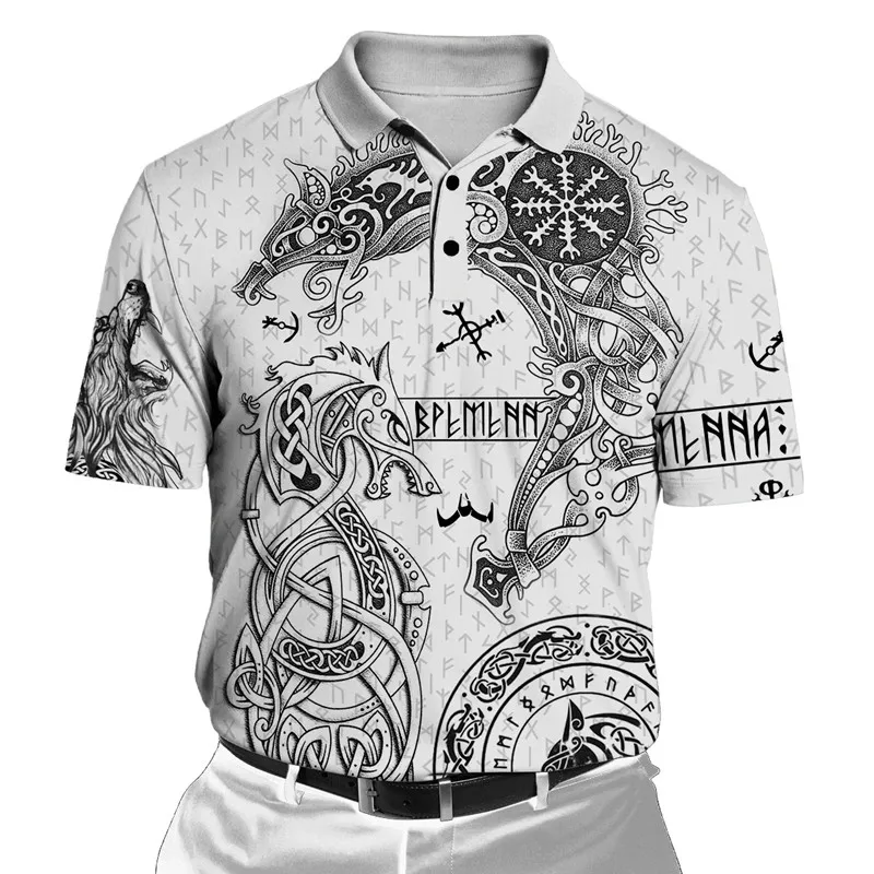 Fashion Viking Raven Odin Tattoo 3D Full body Print Men's Polo T-shirt Casual Polo Short Sleeve Shirt