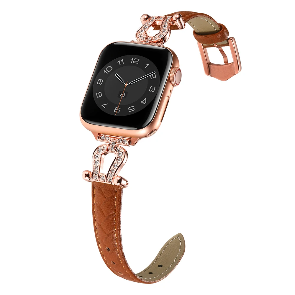 

Новый дизайн, U-образный Алмазный Кожаный ремешок для Apple Watch Band Series 8 7 SE 6 5 4, браслет Ultra 49 мм 41 мм 45 мм 40 мм 44 мм, ремешок
