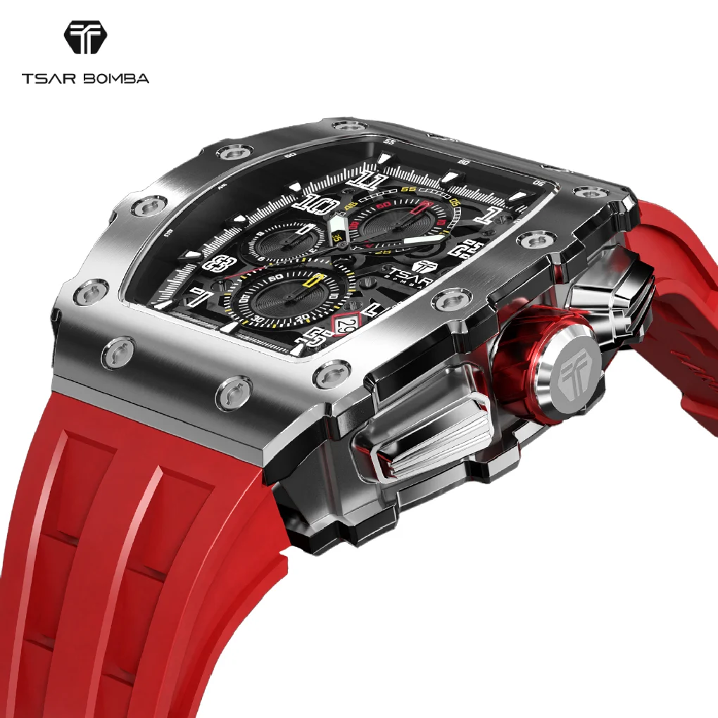 

TSAR BOMBA Mens Watch Top Brand Luxury Tonneau Clock 50M Waterproof Stainless Steel Wristwatch Sport Chronograph Watch for Men