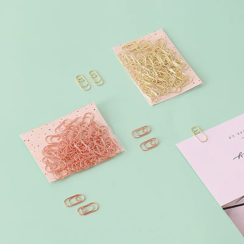 

50pcs /bag Mini Heart Gold Rose Gold Color Clip Bookmark Binder Clip Office Accessories Paper Clips Patchwork Clip