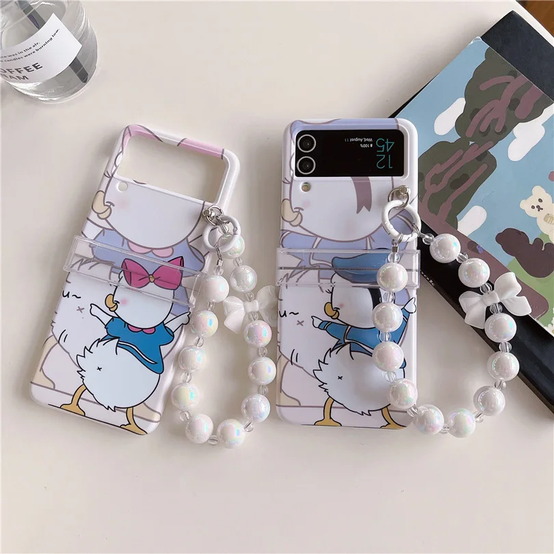 

Duck Cartoon Chains Phone Case for Samsung Galaxy Z Flip 3 Z Flip 4 Hard PC Back Cover for ZFlip3 ZFlip4 Case Protective Shell