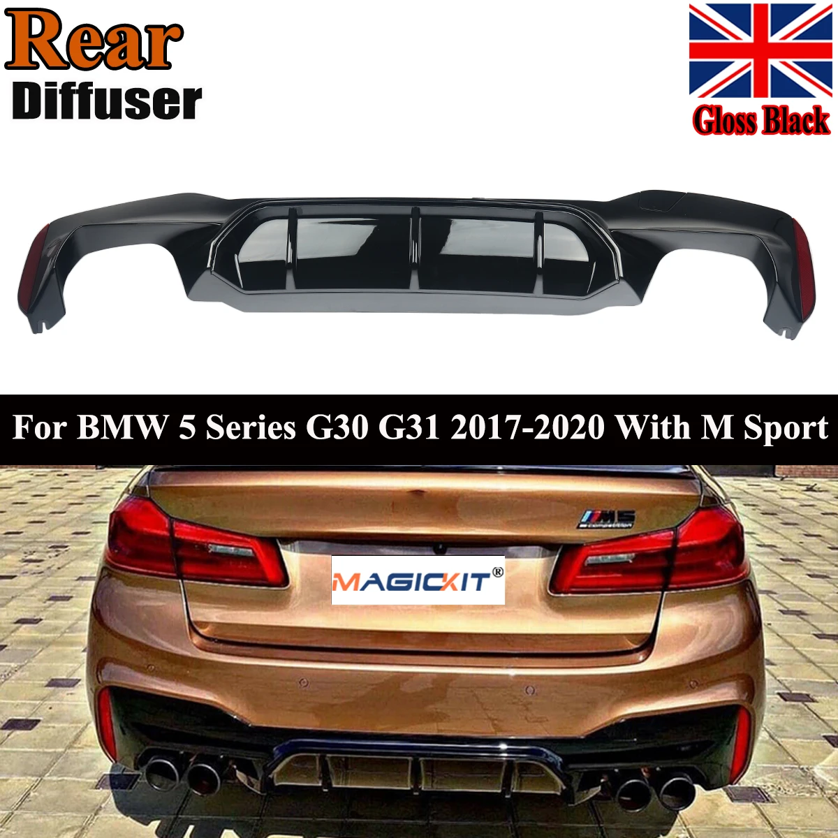 

MagicKit For 17-21 BMW G30 G31 G38 M5 Style Gloss Black Rear Bumper Diffuser Quad Outlets