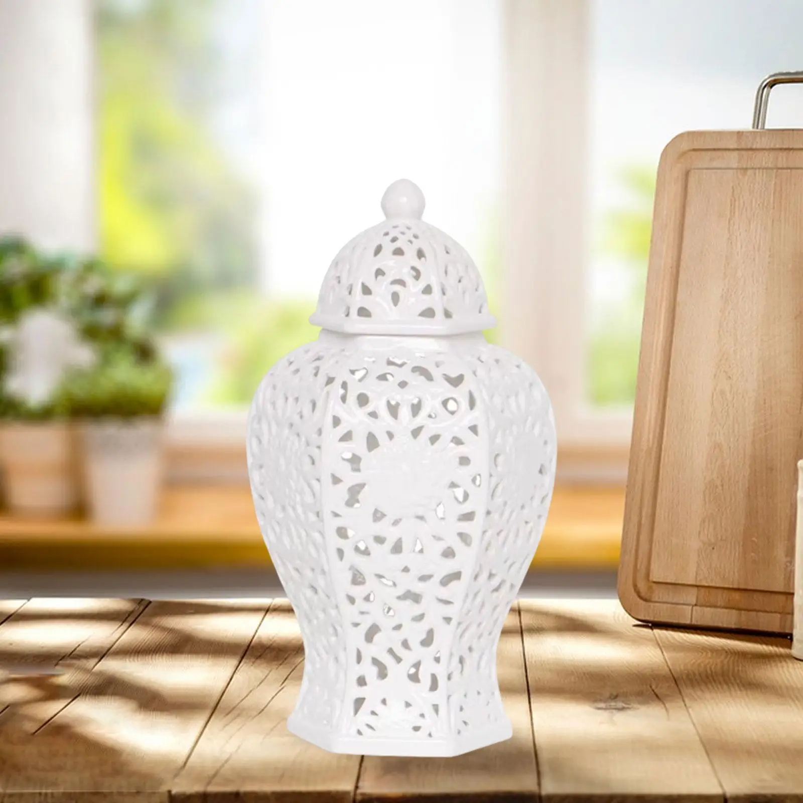 

Ginger Jar Storage with Lid Ornament Organizer Hollow Out Flower Plants Holder Vase for Weddings Display Desk