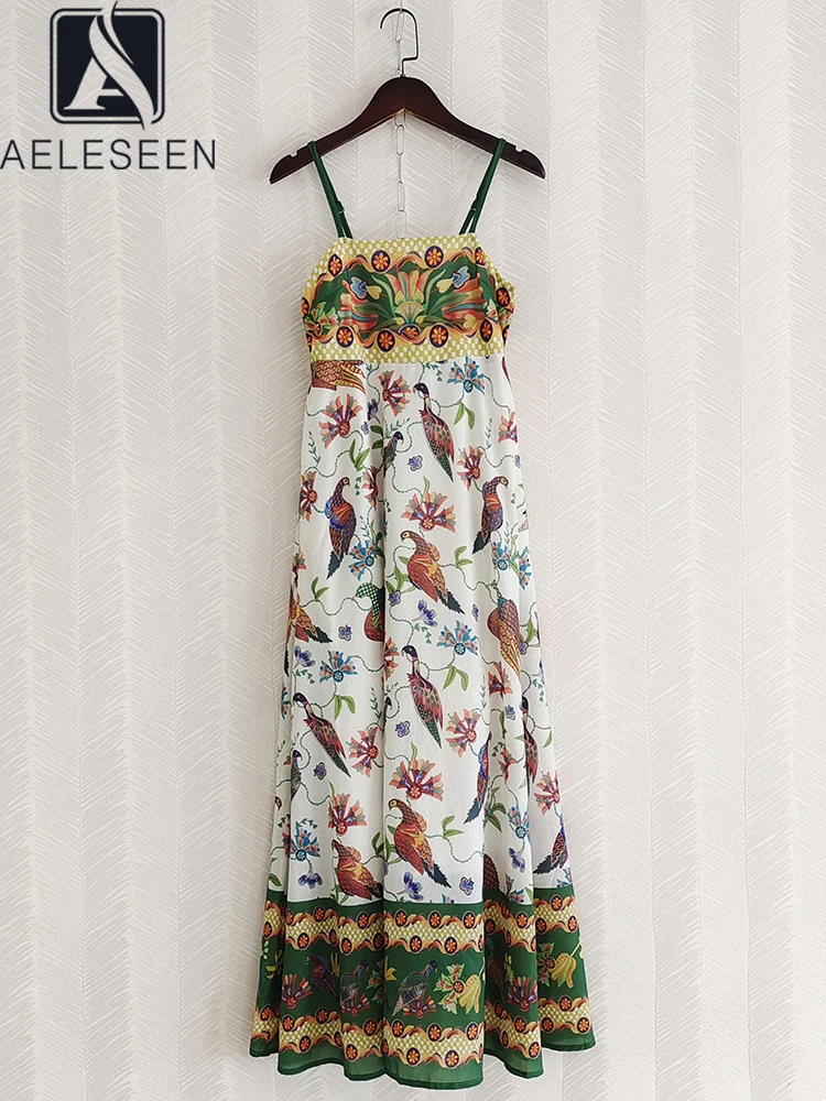 

AELESEEN Women Sicilian Summer Dress Runway Fashion Spaghetti Strap Flower Birds Print Back Elastic Long Party Holiday Camisole