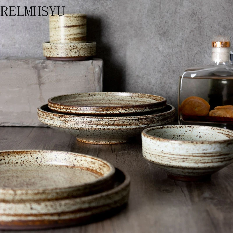 

1PC RELMHSYU Japanese Style Retro Handmade StonewareThickening Rice Bowl Tea Water Cup Round Steak Dinner Plate Set Tableware