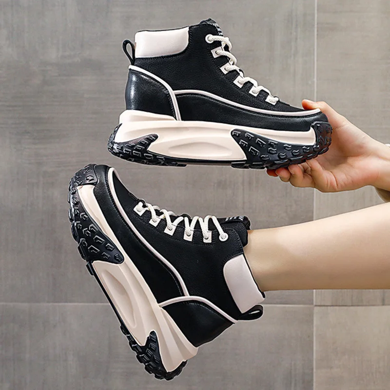 2023 New 7cm Genuine Leather High Brand Mixed Color Flats Ankle Boots Platform Wedge Women Booties Autumn  Plush Winter Shoes