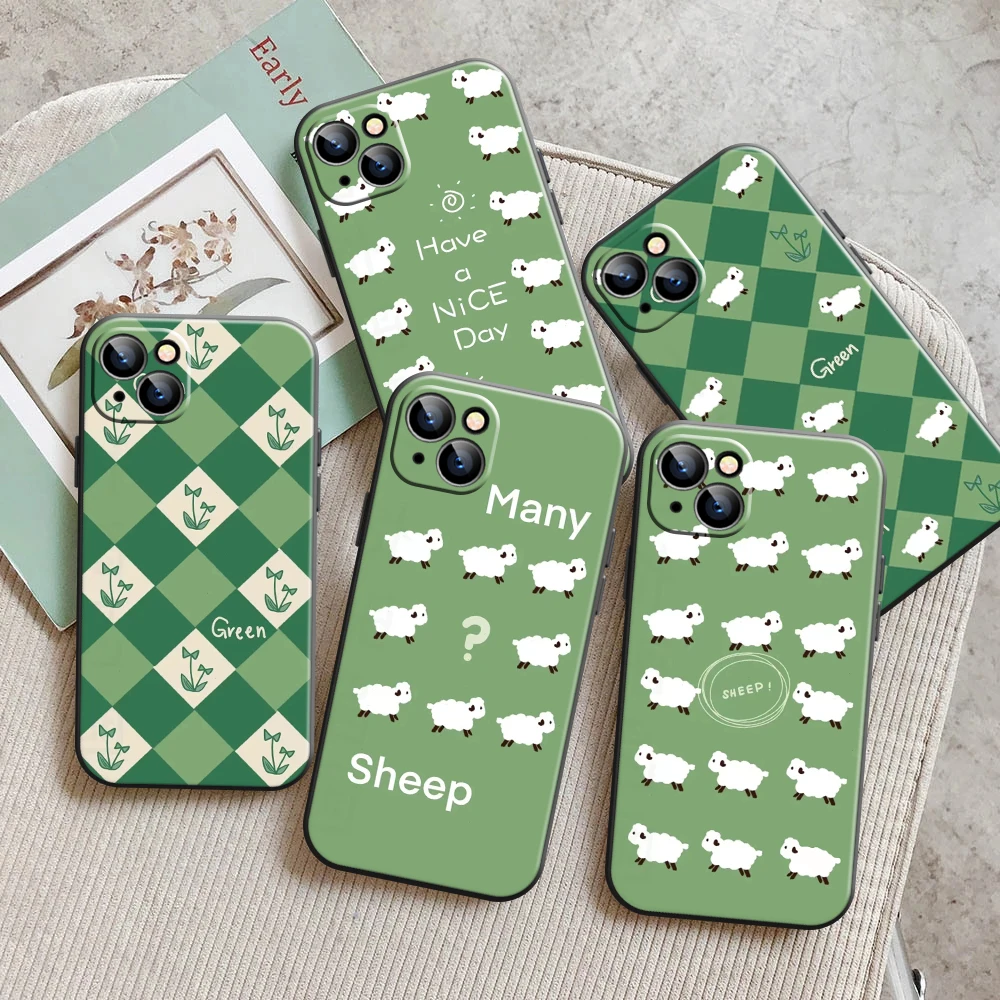 

Cute Green Sheep Phone Case For iPhone 13 11 Pro 12 Mini MAX X XR XS 8 7 Plus 6 6s SE 2020 Back Black Funda Liquid Silicon
